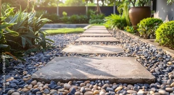 Fototapeta A stone walkway with a few plants in the background