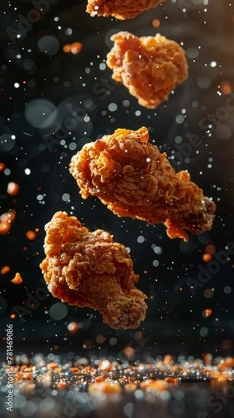 Fototapeta Three pieces of fried chicken are flying through the air. The image has a playful and fun mood, as if the chicken are having a party or celebration