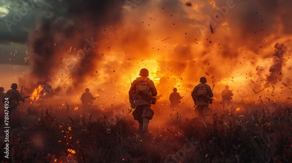 Obraz American soldiers on battlefield. WW2 illustration of american soldiers platoon attacking on a battlefield with explosions and mist background.