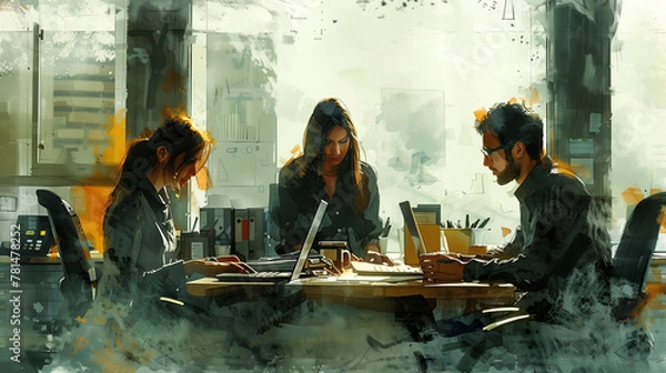 Obraz Collègues travaillant dans ensemble dans un bureau, consultant en réunion de travail, illustration à l'aquarelle de la vie d'entreprises