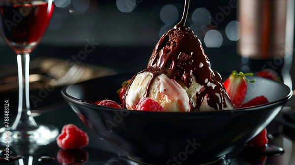 Obraz Pouring liquid chocolate over chocolate ice cream with berries lying on the side of the ice cream