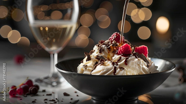 Fototapeta Pouring honey over vanilla ice cream in a black bowl