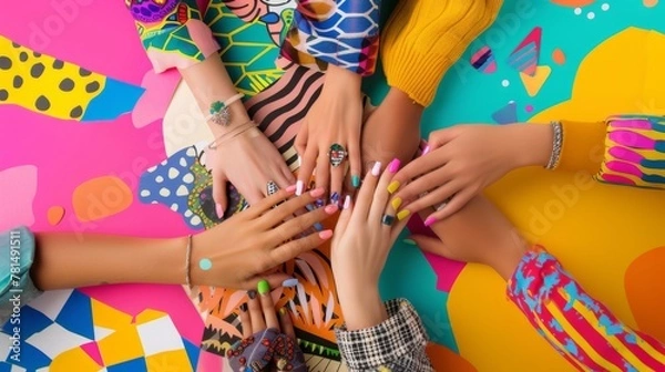 Fototapeta A kaleidoscope of color bursts forth from an array of hands, each nail adorned with bold and creative art, symbolizing the joy of self-expression and the artistry of nail design.