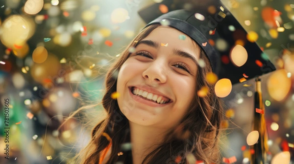 Fototapeta A cheerful young woman in graduation attire, with a happy expression and bokeh lights.