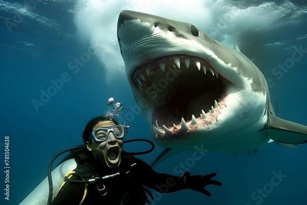Fototapeta Shark attacks scuba diver underwater with wide open mouth