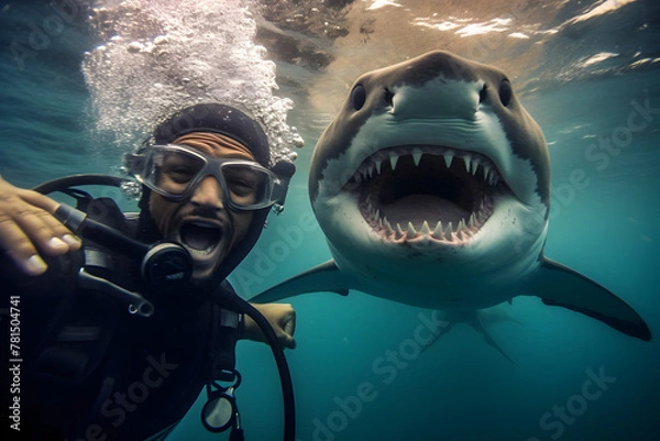 Fototapeta Shark attacks scuba diver underwater with wide open mouth