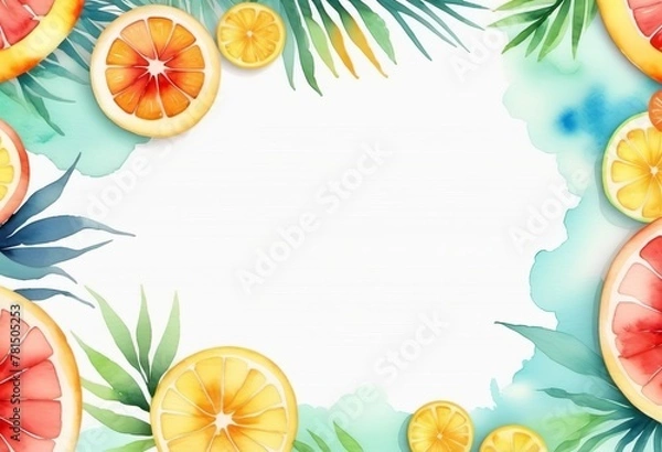 Fototapeta Frame summer background, watercolor drawing, template, copy space.