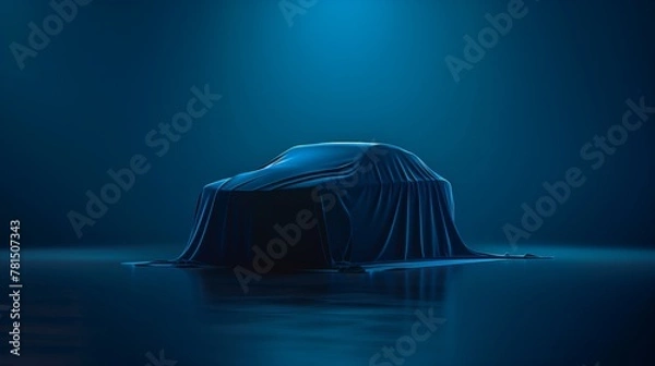 Fototapeta Luxurious car draped in fabric, unveiled in dark studio, 3D rendering. Expensive gift, realistic blue presentation.