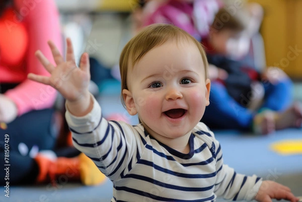 Fototapeta A Caucasian baby toddler participates in a baby sign language class, learning basic signs for communication. Development. Children's Day.