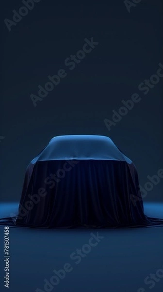 Fototapeta Luxurious car draped in fabric, unveiled in dark studio, 3D rendering. Expensive gift, realistic blue presentation.