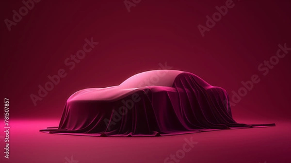 Fototapeta Luxurious car draped in fabric, unveiled in dark studio, 3D rendering. Expensive gift, realistic pink presentation.