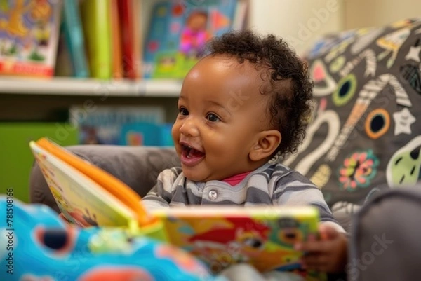 Fototapeta An African American infant delights in interactive storytime with a caregiver, fostering language development and early literacy skills. The cozy reading nook provides a nurturing environment.