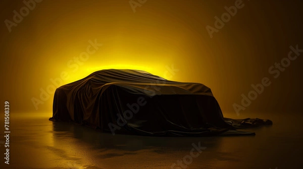 Fototapeta Luxurious car draped in fabric, unveiled in dark studio, 3D rendering. Expensive gift, realistic yellow presentation.