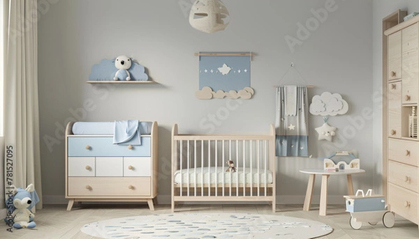 Fototapeta Interior of light children's bedroom with drawers, crib and table