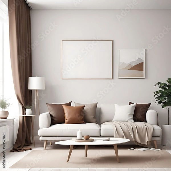 Fototapeta  Living room with white empty walls - light mockup for canvas art. Accent brown pillow and curtain details. Scandinavian modern minimal interior design lounge Livingroom home or office. 3d rendering 