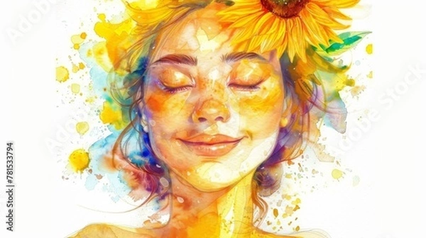 Fototapeta Vivid watercolor painting of a woman with a serene smile surrounded by a burst of colors
