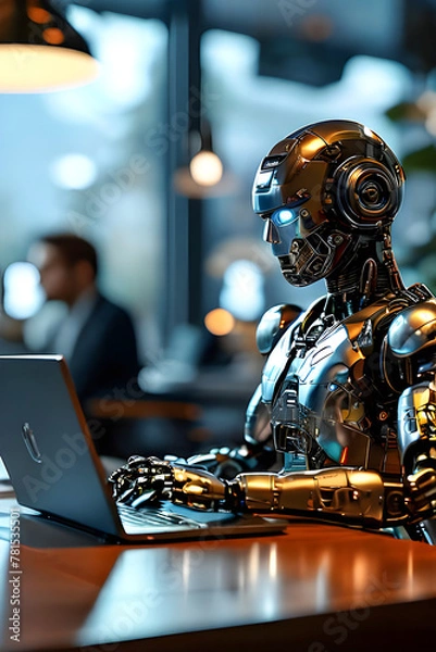 Obraz Robot working on laptop