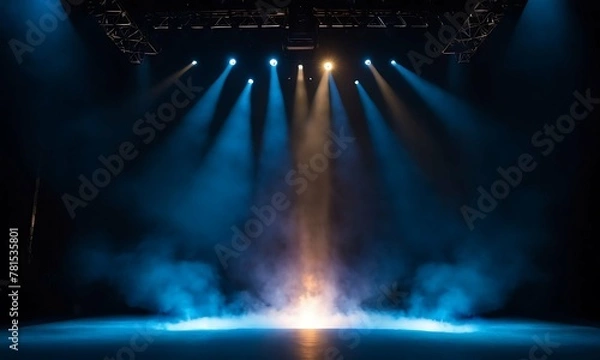 Fototapeta Misty stadium stage bathed in dramatic light. Smoke swirls, illuminated by spotlights. Intense spotlight creating a smoky cone, symmetry view on stage