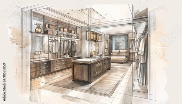Fototapeta Elegant Walk-in Closet Design Concept Sketch for Modern Home