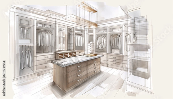 Fototapeta Spacious Walk-In Closet Design Sketch in Luxury Home