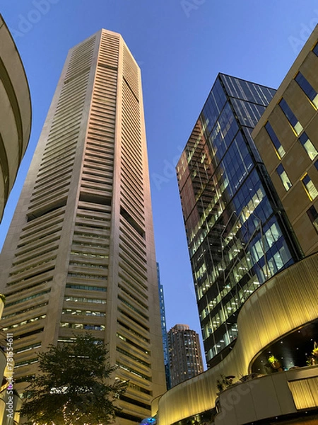 Fototapeta Skyscrapers in downtown city at night. Tall buildings in Sydney, Australia at sunset.