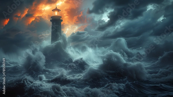 Fototapeta Lighthouse in the middle of a stormy ocean. Large waves and dark clouds with an orange light from the lighthouse. Fantasy art style.