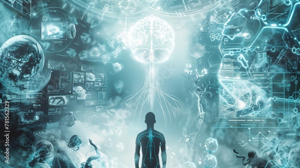 Fototapeta human robot, artificial intelligence, business intelligence, scientific symbols and laboratory equipment, neural networks, science fiction,  technology and anatomy,