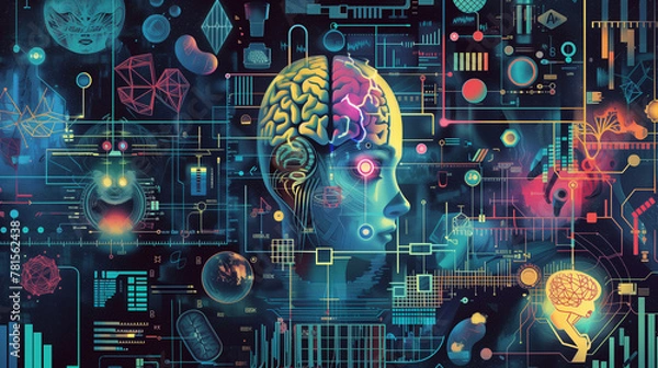 Fototapeta human robot, artificial intelligence, business intelligence, scientific symbols and laboratory equipment, neural networks, science fiction,  technology and anatomy,