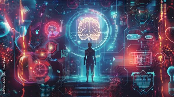 Fototapeta human robot, artificial intelligence, business intelligence, scientific symbols and laboratory equipment, neural networks, science fiction,  technology and anatomy,