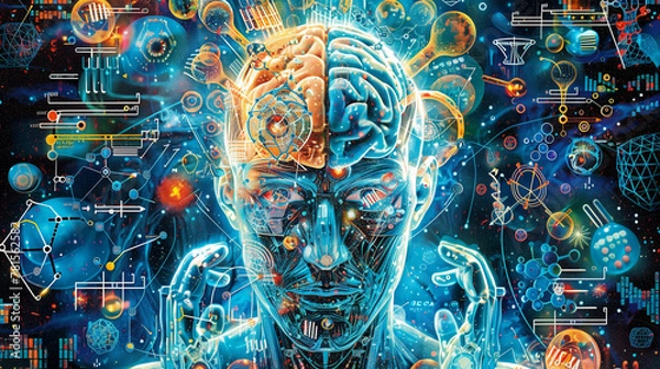 Fototapeta human robot, artificial intelligence, business intelligence, scientific symbols and laboratory equipment, neural networks, science fiction,  technology and anatomy,