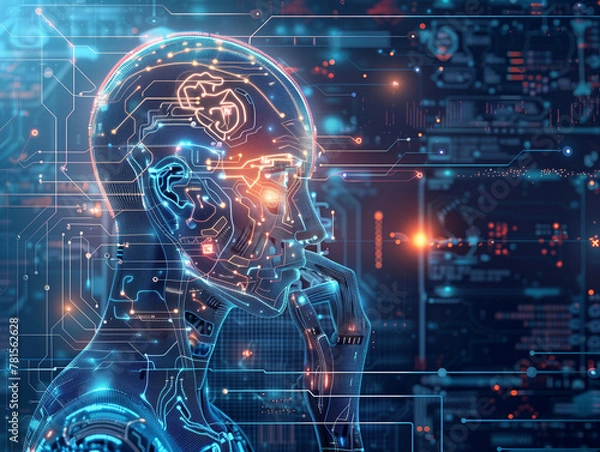 Fototapeta human robot, artificial intelligence, business intelligence, scientific symbols and laboratory equipment, neural networks, science fiction,  technology and anatomy,