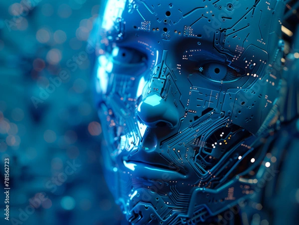 Fototapeta human robot, artificial intelligence, business intelligence, scientific symbols and laboratory equipment, neural networks, science fiction,  technology and anatomy,