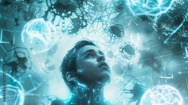 Obraz human robot, artificial intelligence, business intelligence, scientific symbols and laboratory equipment, neural networks, science fiction,  technology and anatomy,