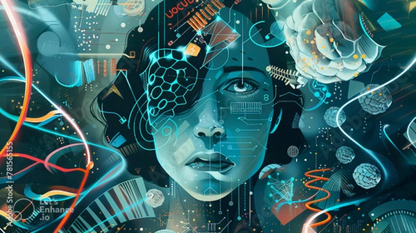 Fototapeta human robot, artificial intelligence, business intelligence, scientific symbols and laboratory equipment, neural networks, science fiction,  technology and anatomy,