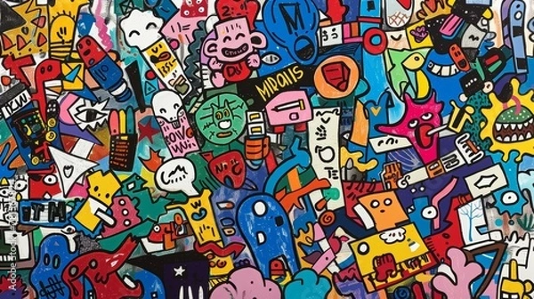 Fototapeta A playful explosion of hand-drawn doodles showcasing aspects of daily life, from business and communication to family and hobbies, spread across a wide canvas.