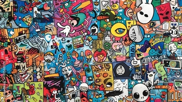 Obraz A playful explosion of hand-drawn doodles showcasing aspects of daily life, from business and communication to family and hobbies, spread across a wide canvas.