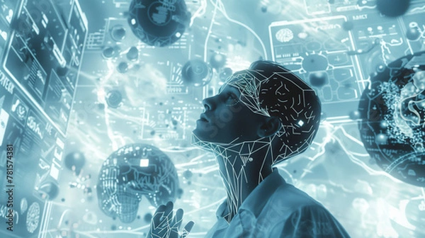 Fototapeta human robot, artificial intelligence, business intelligence, scientific symbols and laboratory equipment, neural networks, science fiction,  technology and anatomy,