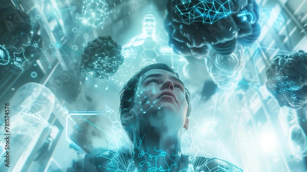 Fototapeta human robot, artificial intelligence, business intelligence, scientific symbols and laboratory equipment, neural networks, science fiction,  technology and anatomy,