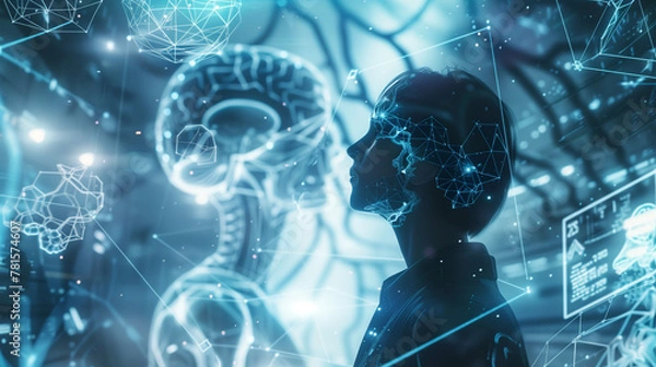 Fototapeta human robot, artificial intelligence, business intelligence, scientific symbols and laboratory equipment, neural networks, science fiction,  technology and anatomy,