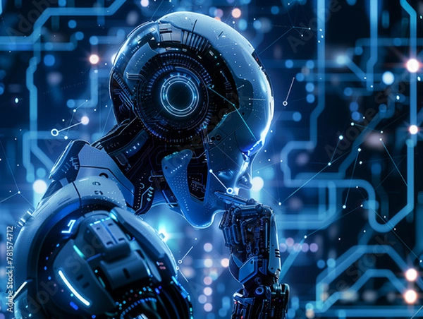 Fototapeta human robot, artificial intelligence, business intelligence, scientific symbols and laboratory equipment, neural networks, science fiction,  technology and anatomy,