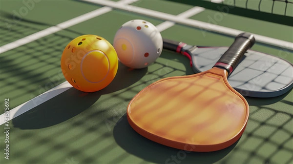 Fototapeta Pickleball set, perforated balls and paddle for playing pickleball laying on court near net.