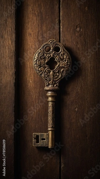 Fototapeta Vintage key with intricate designs lies against dark wooden background, capturing essence of mystery, antiquity. Key, adorned with elaborate patterns, exudes aura of secrets waiting to be unveiled.