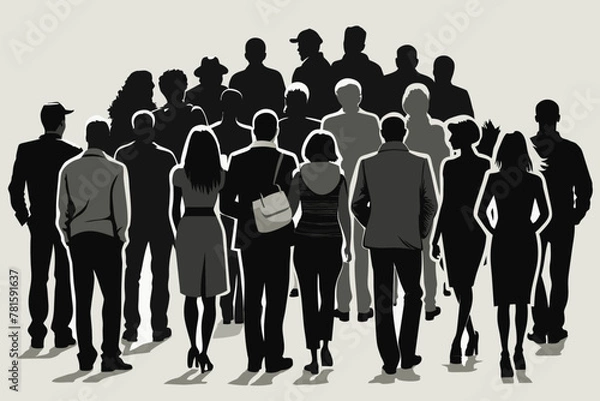 Fototapeta silhouette of crowd people from back, monochrome, one color, full body