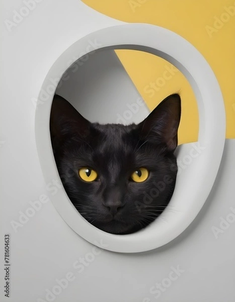 Fototapeta Close-Up of a Black Cat Sitting on a yellow background