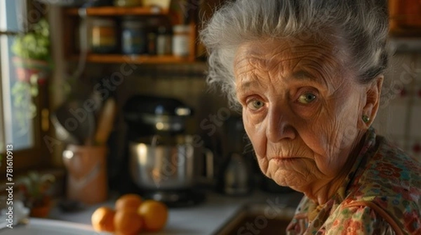 Fototapeta An elderly woman with gray hair and a stern expression sits in the kitchen. There is a saucepan on the stove behind him. The kitchen has wooden cabinets and shelves.