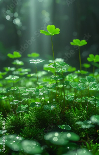 Fototapeta Green clovers in the forest. A shamrock leaves grow up and down in front of fern in the background