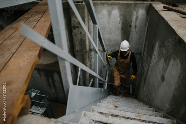 Fototapeta A construction engineer climbs a metal ladder at the construction site of a grain silo.