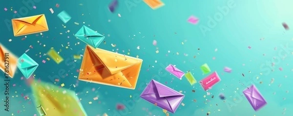 Fototapeta A cartoon newsletter floating on a bright background, representing email marketing, with space for text