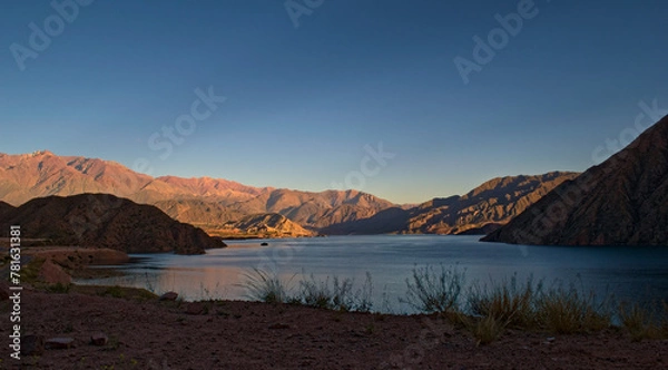 Obraz Lake Potrerillos, in Mendoza, Argentina, elevated view at dawn.