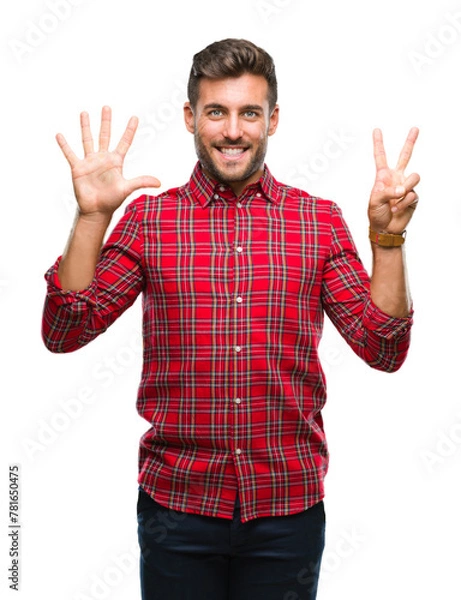 Obraz Young handsome man over isolated background showing and pointing up with fingers number seven while smiling confident and happy.